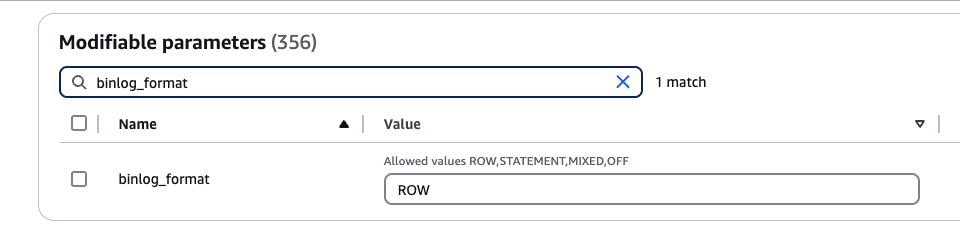 Binlog format을 ROW로 설정