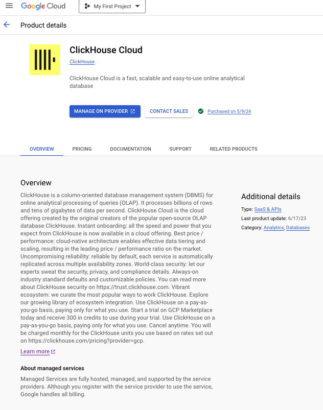 GCP Marketplace ClickHouse Cloud 페이지