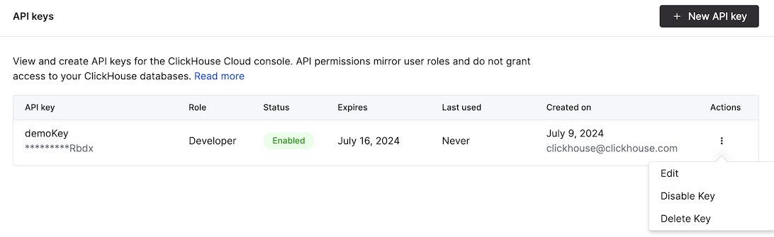 API Keys 관리 페이지