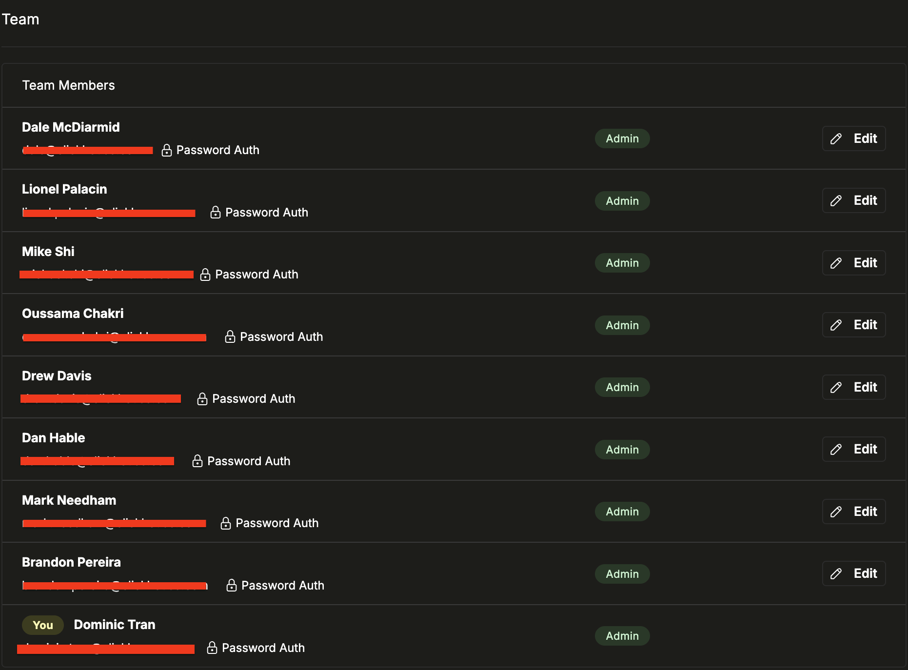 팀 구성원과 해당 역할이 표시된 ClickStack Team Settings 페이지